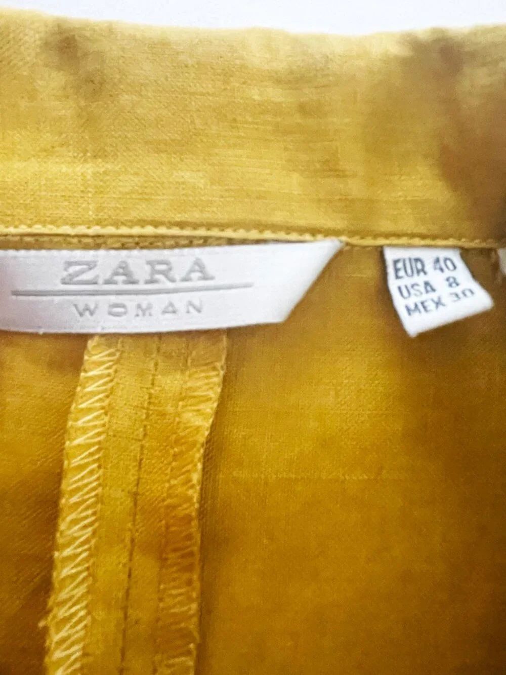 VTG Zara Woman Mustard Yellow 100% Ramie Pant Suit Long Jacket Slim Leg Size 8